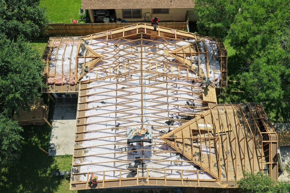 Aerial view of roof truss framing during construction