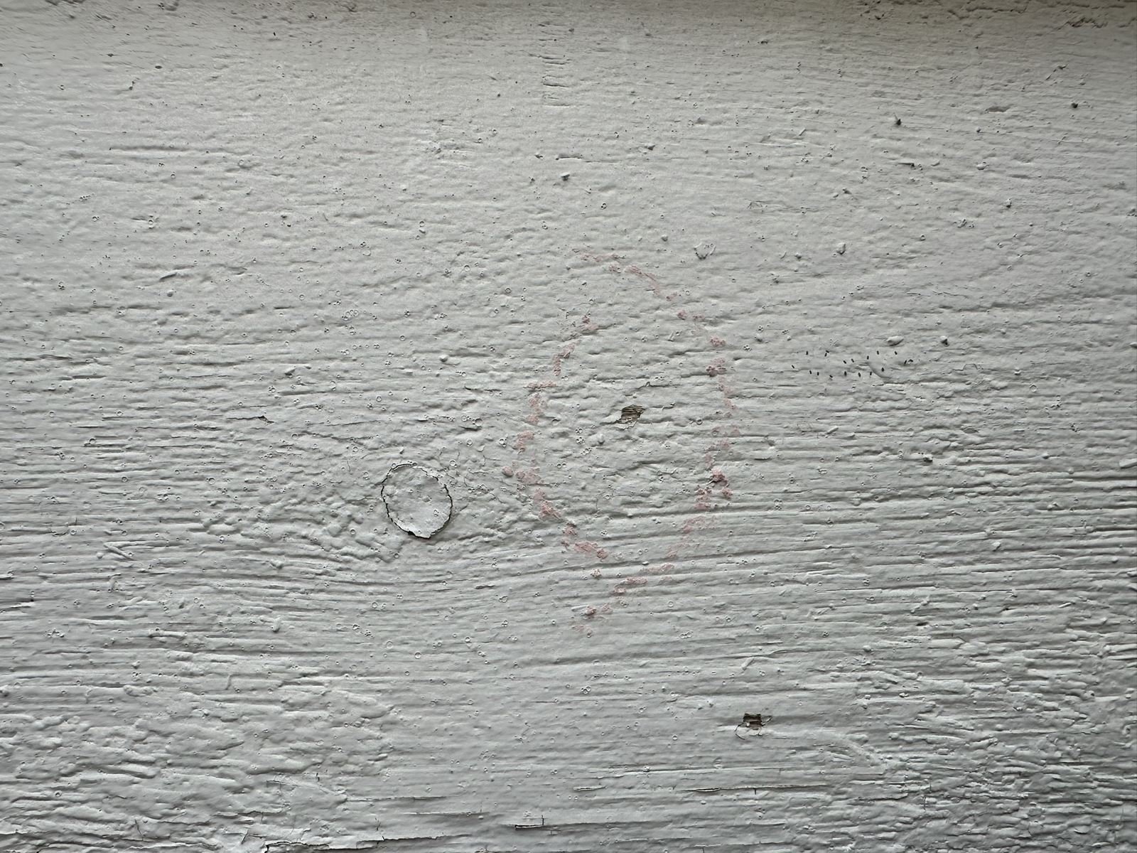 Hail impact circled in chalk on a painted fascia board