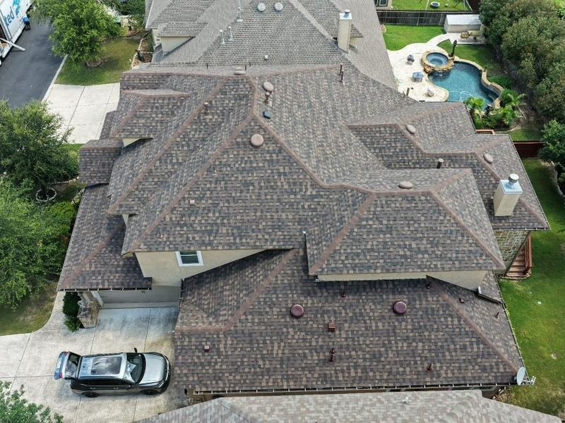 Aerial view of a new architectural shingle roof