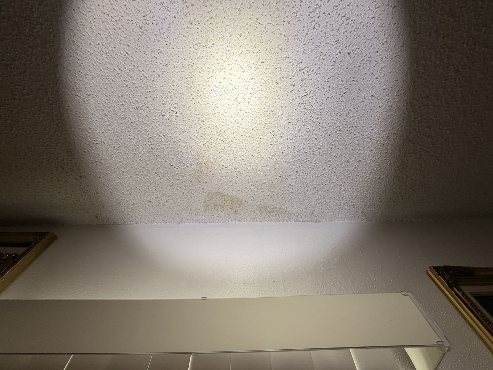 Water stain on a textured ceiling from a roof leak