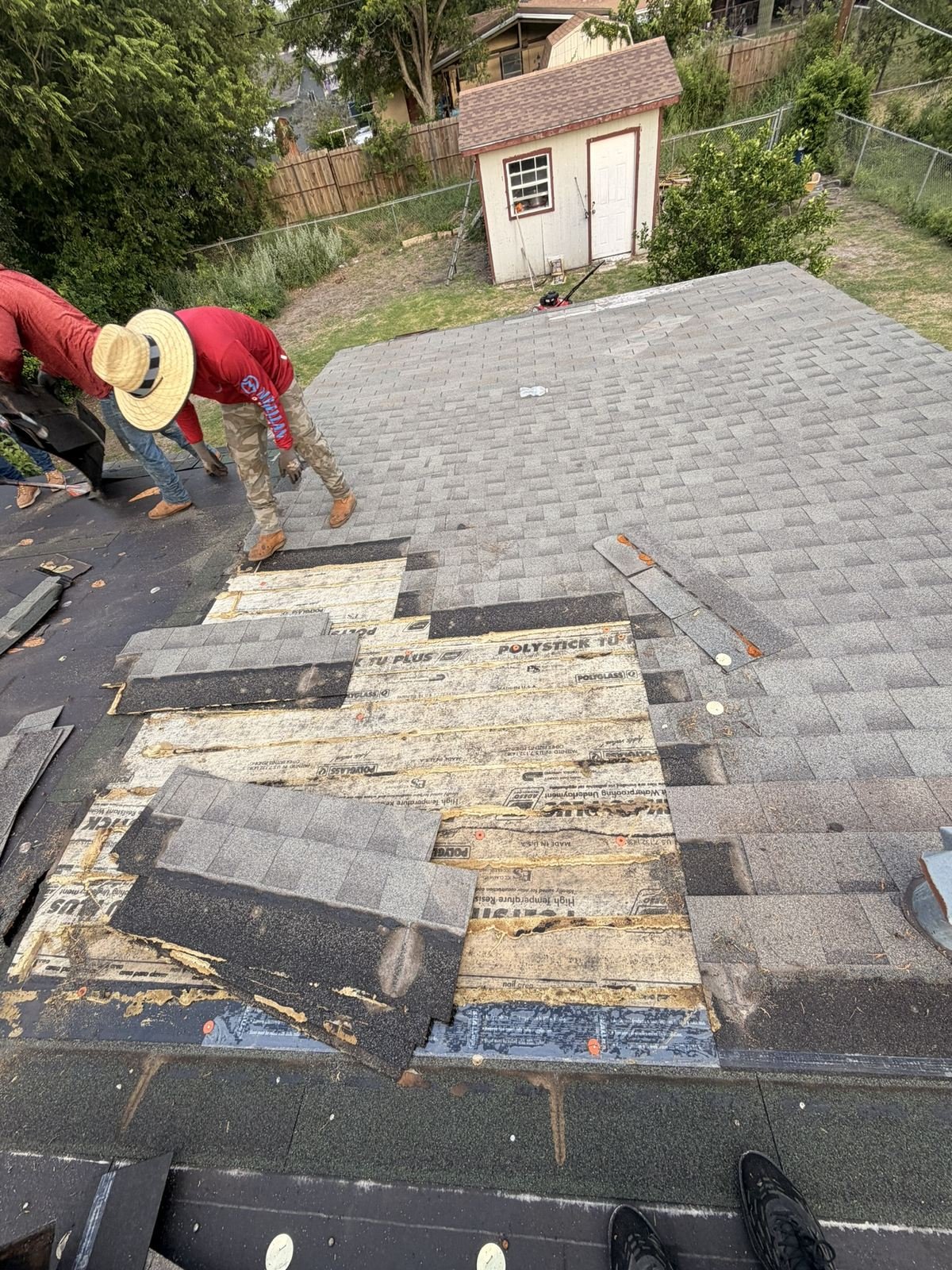 Tear-off of a roof installed by another company showing underlayment shortcuts